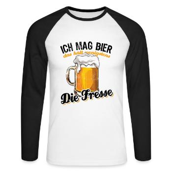 Ich mag Bier das hält wenigstens die Fresse Spruch - Unisex Baseballshirt langarm - Weiß/Schwarz - Vorne - Nik (191cm)