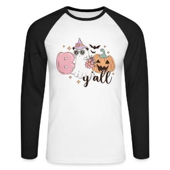 Retro Halloween Boo Y'All Pumpkin and Ghost Design - Unisex Long Sleeve Baseball T-Shirt - white/black - Front - Nik (191cm)
