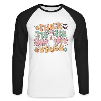 Conception rétro d’Halloween: cuisses épaisses vibrations effrayantes - T-shirt baseball manches longues Homme - blanc/noir - Devant - Nik (191cm)