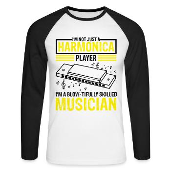 Mundharmonika Spieler und Mundharmonika - Unisex Baseballshirt langarm - Weiß/Schwarz - Vorne - Nik (191cm)