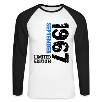1967 September Limited Edition 56th Birthday Deco - Unisex Long Sleeve Baseball T-Shirt - white/black - Front - Nik (191cm)