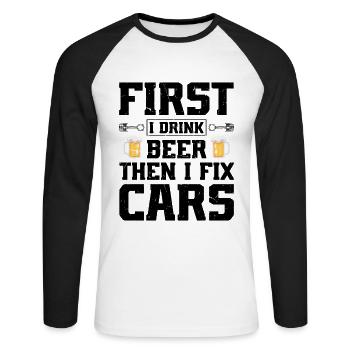 Mécanicien automobile - D’abord je bois de la bière puis je répare des voitures - T-shirt baseball manches longues Homme - blanc/noir - Devant - Nik (191cm)