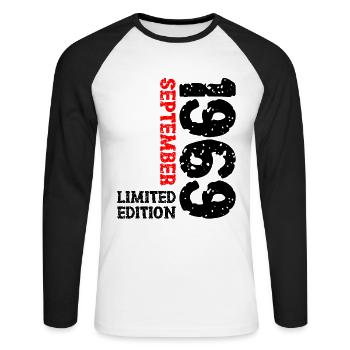 1969 September Limited Edition 54th Birthday Deco - Unisex Long Sleeve Baseball T-Shirt - white/black - Front - Nik (191cm)