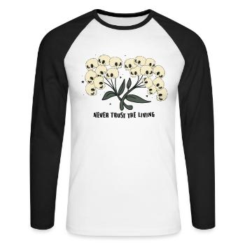 Design vintage d’Halloween « Never Trust The Living » - T-shirt baseball manches longues Homme - blanc/noir - Devant - Nik (191cm)