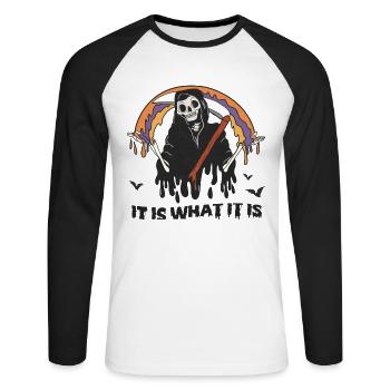Retro Halloween: Grim Reaper "It Is What It Is" - Unisex Long Sleeve Baseball T-Shirt - white/black - Front - Nik (191cm)