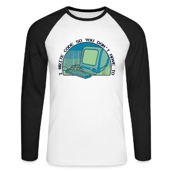 I Write Code So You Don't Have To Developer - Unisex Baseballshirt langarm - Weiß/Schwarz - Vorne - Nik (191cm)