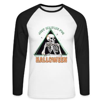 Squelette effrayant « J’attends juste Halloween » - T-shirt baseball manches longues Homme - blanc/noir - Devant - Nik (191cm)