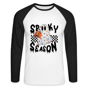 « Spooky Season » Rétro Halloween Pumpkin Ghost - T-shirt baseball manches longues Homme - blanc/noir - Devant - Nik (191cm)