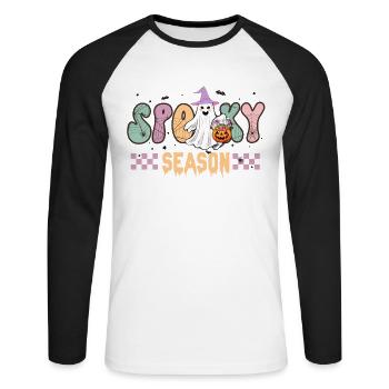 Des bonbons ou des bâtons! Spooky Season dans un style rétro - T-shirt baseball manches longues Homme - blanc/noir - Devant - Nik (191cm)