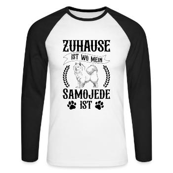 Samojede ist mein Zuhause Samojedenspitz - Unisex Baseballshirt langarm - Weiß/Schwarz - Vorne - Nik (191cm)