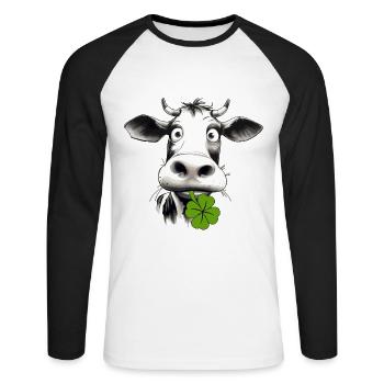 Drôle de vache avec un trèfle apporte chance et plaisir - T-shirt baseball manches longues Homme - blanc/noir - Devant - Nik (191cm)