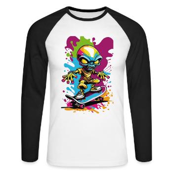 Alien auf Skateboard bunte Illustration - Unisex Baseballshirt langarm - Weiß/Schwarz - Vorne - Nik (191cm)