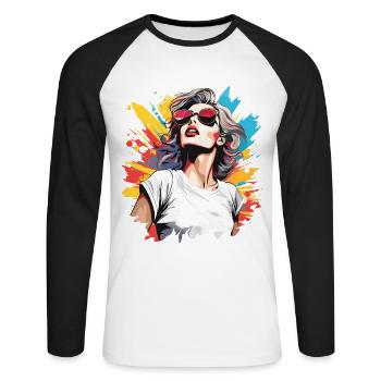 Femme heureuse dans un style rétro vintage coloré - T-shirt baseball manches longues Homme - blanc/noir - Devant - Nik (191cm)