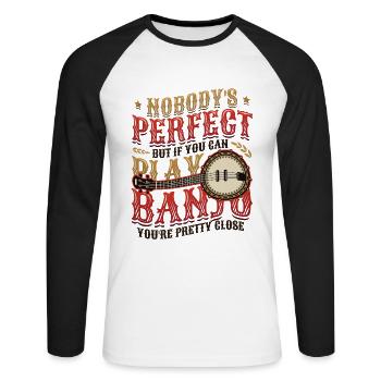 Parfait joueur de banjo, j’adore jouer du banjo - T-shirt baseball manches longues Homme - blanc/noir - Devant - Nik (191cm)