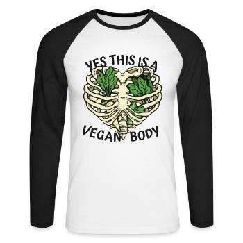 Ja, das ist ein veganer Körper auf pflanzlicher Basis Vegan - Unisex Baseballshirt langarm - Weiß/Schwarz - Vorne - Nik (191cm)