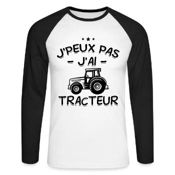 J'Peux Pas ! J'Ai Tracteur 🚜🌾 - T-shirt baseball manches longues Homme - blanc/noir - Devant - Nik (191cm)