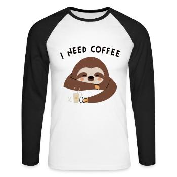 Faultier I Need Coffee - Unisex Baseballshirt langarm - Weiß/Schwarz - Vorne - Nik (191cm)