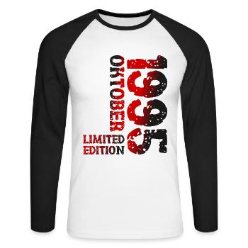 1995 Oktober Limited Edition 28. Geburtstag Deko - Unisex Baseballshirt langarm - Weiß/Schwarz - Vorne - Nik (191cm)