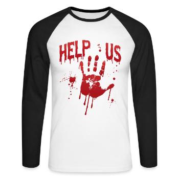 Blutiger Handabdruck Helfen Sie uns - Unisex Baseballshirt langarm - Weiß/Schwarz - Vorne - Nik (191cm)