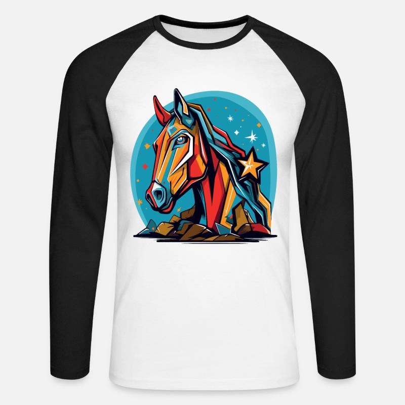 Sterne und ein buntes Pferd - Unisex Baseballshirt langarm - Weiß/Schwarz
