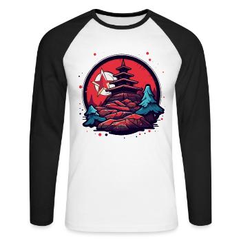 Des étoiles, des montagnes et un temple japonais - T-shirt baseball manches longues Homme - blanc/noir - Devant - Nik (191cm)