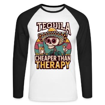 Funny saying: Tequila is Cheaper Than Therapy - Unisex Long Sleeve Baseball T-Shirt - white/black - Front - Nik (191cm)