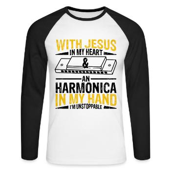 Mundharmonika Spieler und Mundharmonika - Unisex Baseballshirt langarm - Weiß/Schwarz - Vorne - Nik (191cm)