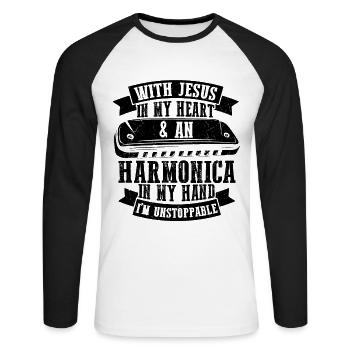 Harmonikaspieler für Munharmonika Spieler - Unisex Baseballshirt langarm - Weiß/Schwarz - Vorne - Nik (191cm)