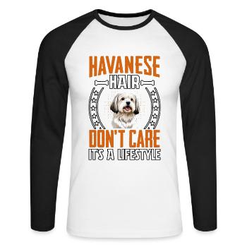 Havanese Hair don't care it's a lifestyle - Unisex Baseballshirt langarm - Weiß/Schwarz - Vorne - Nik (191cm)
