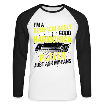 Mundharmonika Instrument und Mundharmonika - Unisex Baseballshirt langarm - Weiß/Schwarz - Vorne - Nik (191cm)