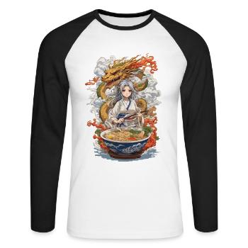Kawaii Ramen Girl & Drache Manga Suppen Design - Unisex Baseballshirt langarm - Weiß/Schwarz - Vorne - Nik (191cm)