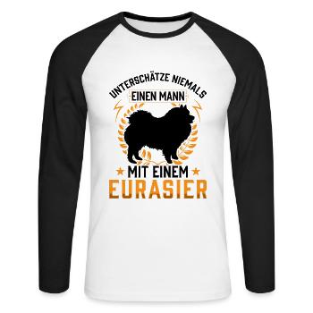Mann mit Eurasier Eurasian Spitz - Unisex Baseballshirt langarm - Weiß/Schwarz - Vorne - Nik (191cm)