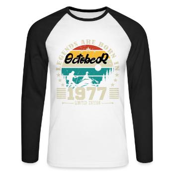 October 1977. October 1977 Anniversary Gift. - Unisex Long Sleeve Baseball T-Shirt - white/black - Front - Nik (191cm)
