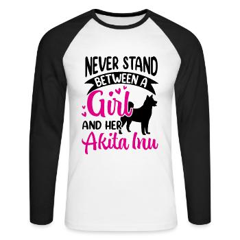 Fille et son Akita Inu japonais Akita - T-shirt baseball manches longues Homme - blanc/noir - Devant - Nik (191cm)