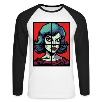 Est-ce que c’est du pop art, une pin-up, une femme à la fenêtre - T-shirt baseball manches longues Homme - blanc/noir - Devant - Nik (191cm)