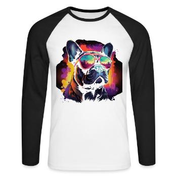 80s 90s Synthwave French Bulldog - Unisex Long Sleeve Baseball T-Shirt - white/black - Front - Nik (191cm)