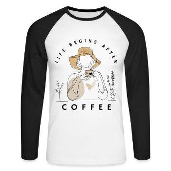 Funny Caffeine Lovers Life Begins After Coffee - Unisex Long Sleeve Baseball T-Shirt - white/black - Front - Nik (191cm)