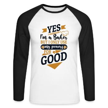 Oui, je suis boulanger, mais je n’utilise mes pouvoirs que pour le bien - T-shirt baseball manches longues Homme - blanc/noir - Devant - Nik (191cm)