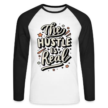 The Hustle is Real Lustiger Spruch - Unisex Baseballshirt langarm - Weiß/Schwarz - Vorne - Nik (191cm)