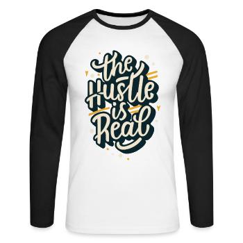 The Hustle is Real Lustiger Spruch - Unisex Baseballshirt langarm - Weiß/Schwarz - Vorne - Nik (191cm)