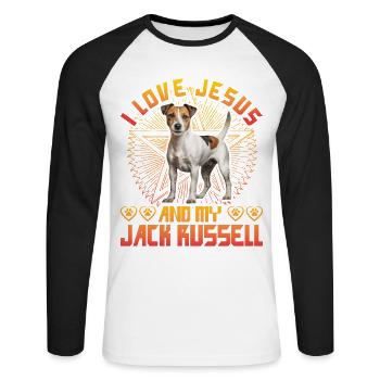 I love Jesus and my Jack Russell - Unisex Baseballshirt langarm - Weiß/Schwarz - Vorne - Nik (191cm)