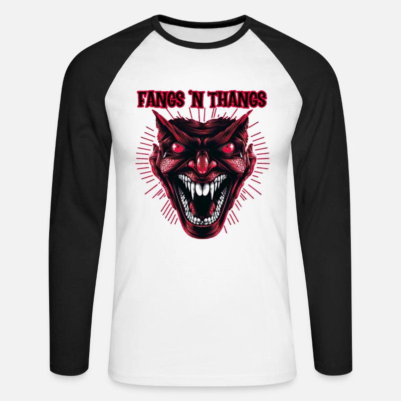 Dämonen-Ghuld, Fangs 'n Thangs - Unisex Baseballshirt langarm - Weiß/Schwarz
