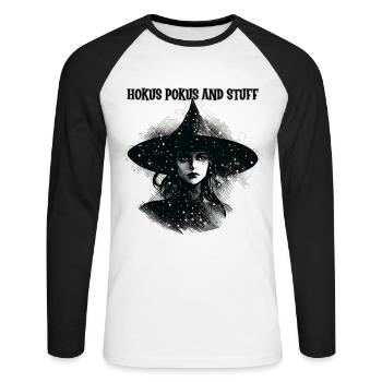 Sorcière, Hokus Pokus et trucs, Halloween - T-shirt baseball manches longues Homme - blanc/noir - Devant - Nik (191cm)
