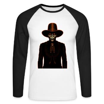 Skelettmann in einem Skelett - Unisex Baseballshirt langarm - Weiß/Schwarz - Vorne - Nik (191cm)