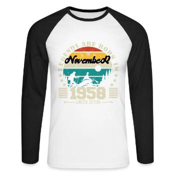 November 1958. November 1958 Anniversary Gift. - Unisex Long Sleeve Baseball T-Shirt - white/black - Front - Nik (191cm)