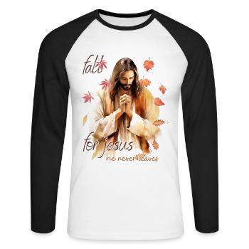 Fall Jesus He Never Leaves: Christian Autumn Vibes - Unisex Baseballshirt langarm - Weiß/Schwarz - Vorne - Nik (191cm)