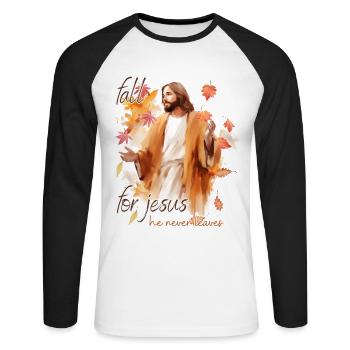 Fall Jesus He Never Leaves: Christian Autumn Vibes - Unisex Baseballshirt langarm - Weiß/Schwarz - Vorne - Nik (191cm)