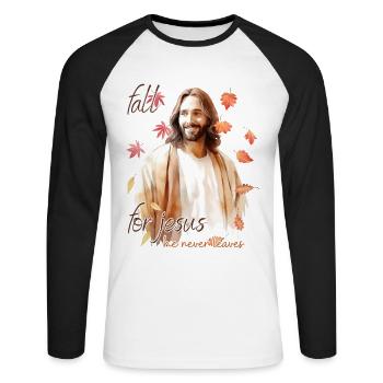 Fall Jesus He Never Leaves: Christian Autumn Vibes - Unisex Baseballshirt langarm - Weiß/Schwarz - Vorne - Nik (191cm)