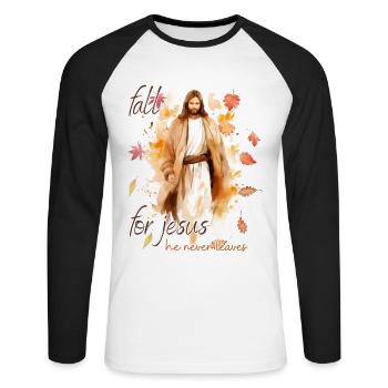 Fall Jesus He Never Leaves: Christian Autumn Vibes - Unisex Baseballshirt langarm - Weiß/Schwarz - Vorne - Nik (191cm)