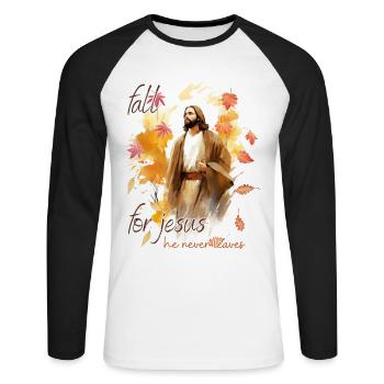 Fall Jesus He Never Leaves: Christian Autumn Vibes - Unisex Baseballshirt langarm - Weiß/Schwarz - Vorne - Nik (191cm)